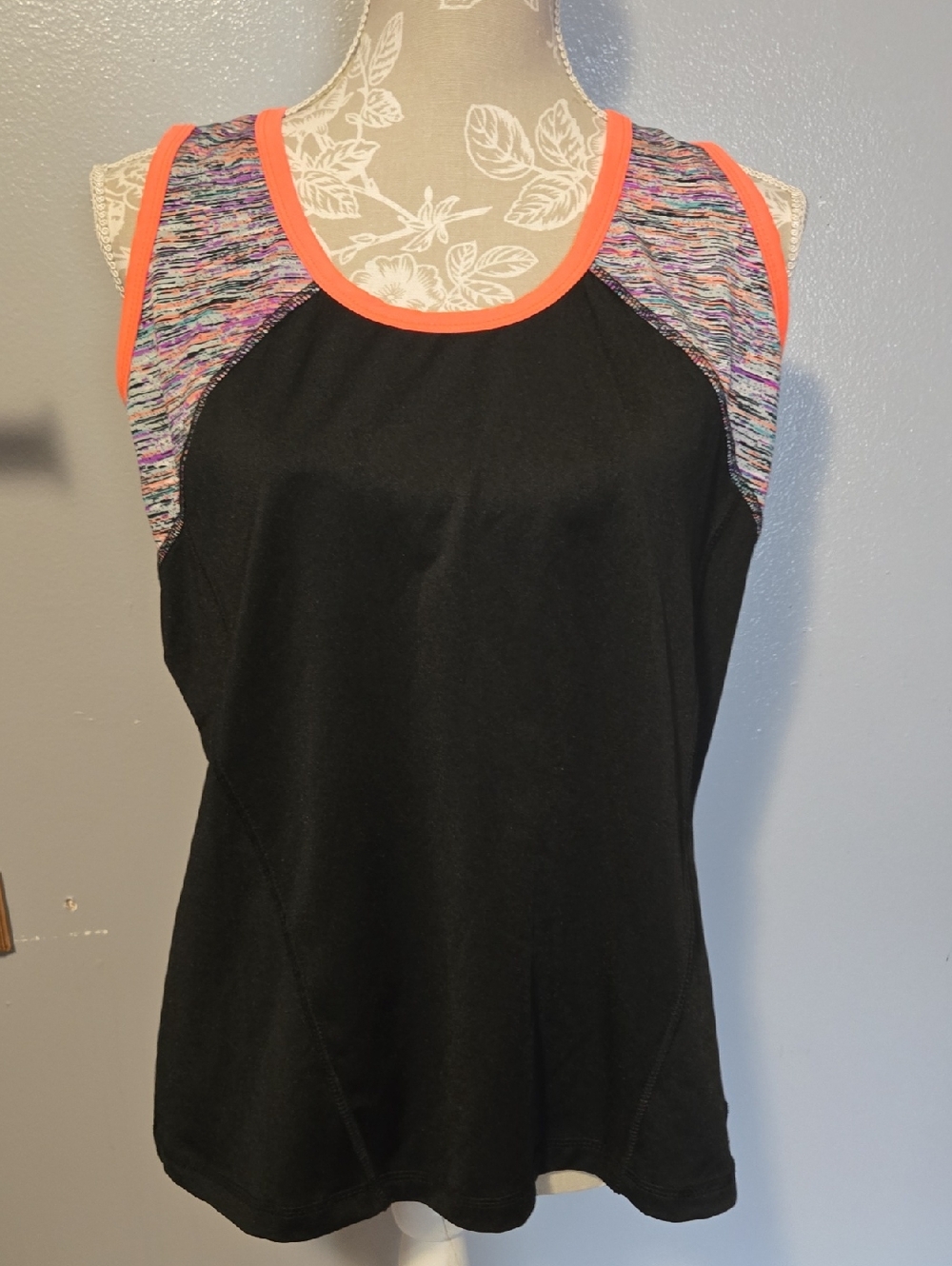 Love Nation Black Tank with Coral Trim and Multicolor Panels